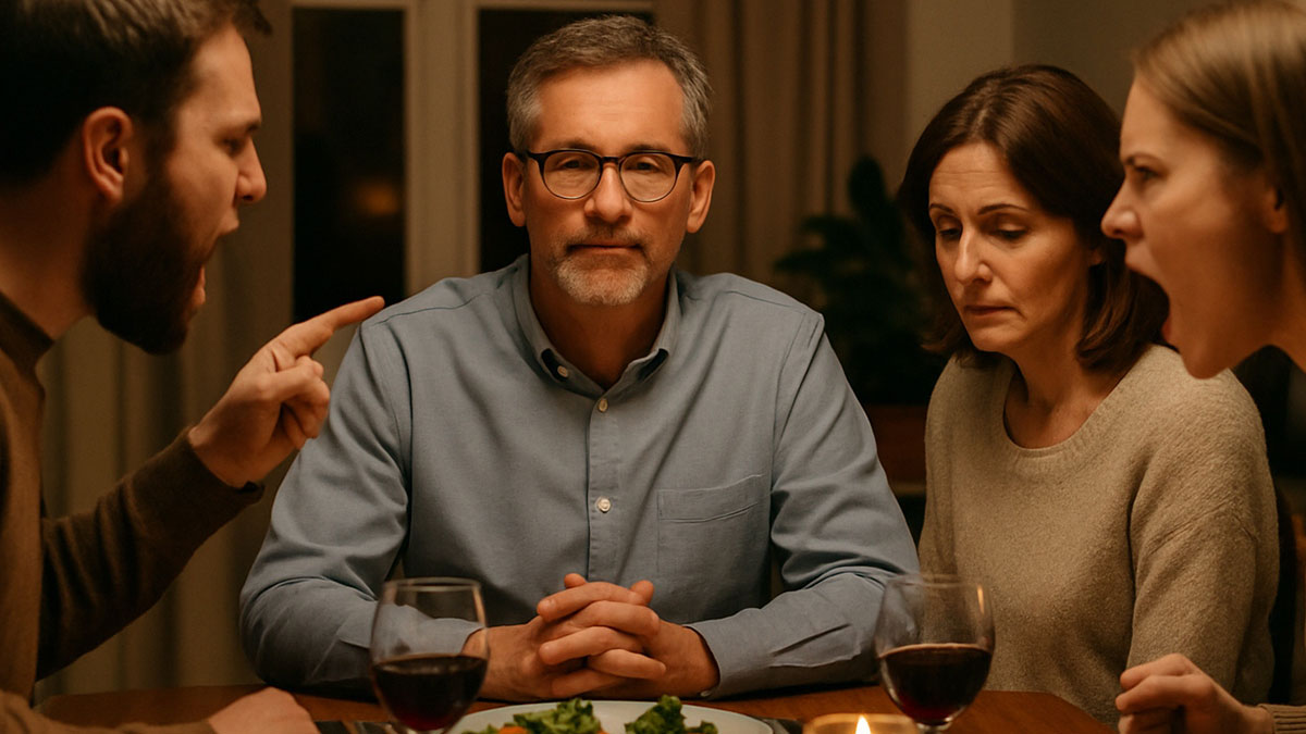 Middle-aged stepdad with glasses sits calmly as stepkids argue and show indifference during a tense family dinner confrontation.