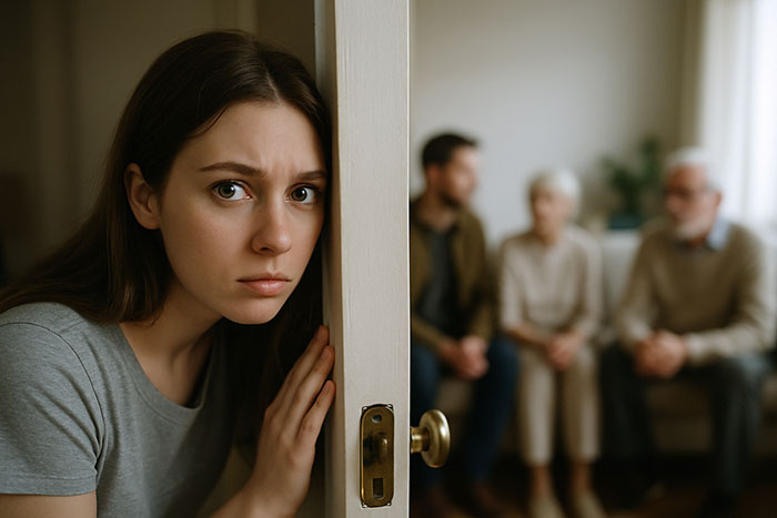 Bride-to-be looks upset overhearing future MIL with fiancé and older couple blurred in background in living room. Bride-to-be looks upset overhearing future MIL with fiancé and older couple blurred in background in living room.