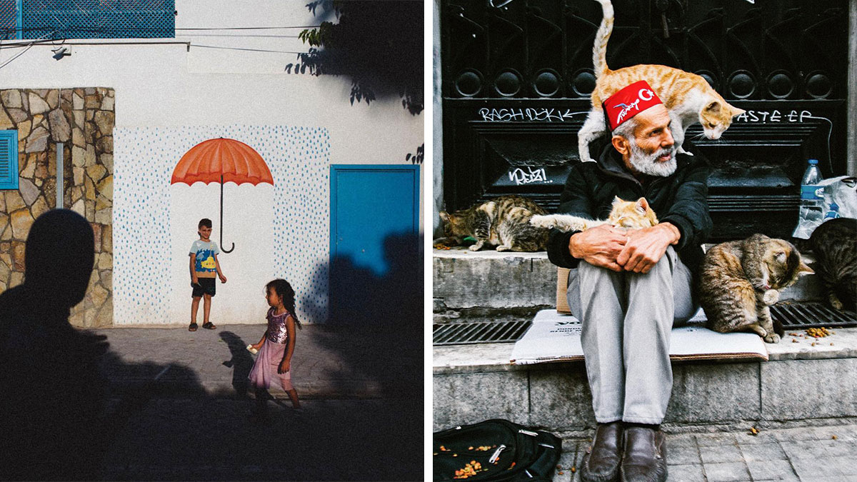 Two candid photos showcasing the real side of life in Turkey with children and a man surrounded by cats.