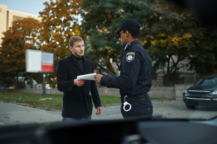 Police officer giving a warning to a man during a dispute over an entitled neighbor trying to hijack a resident’s driveway. Police officer giving a warning to a man during a dispute over an entitled neighbor trying to hijack a resident’s driveway.
