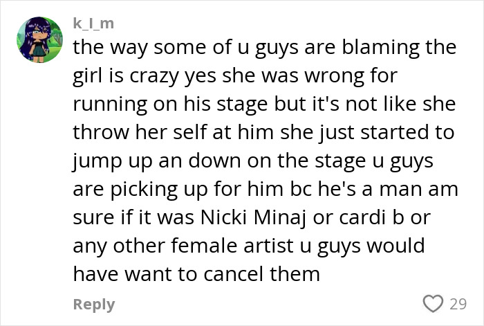 Comment discussing ex-con rock star fat shaming woman who rushed the stage, debating blame and gender bias. Comment discussing ex-con rock star fat shaming woman who rushed the stage, debating blame and gender bias.