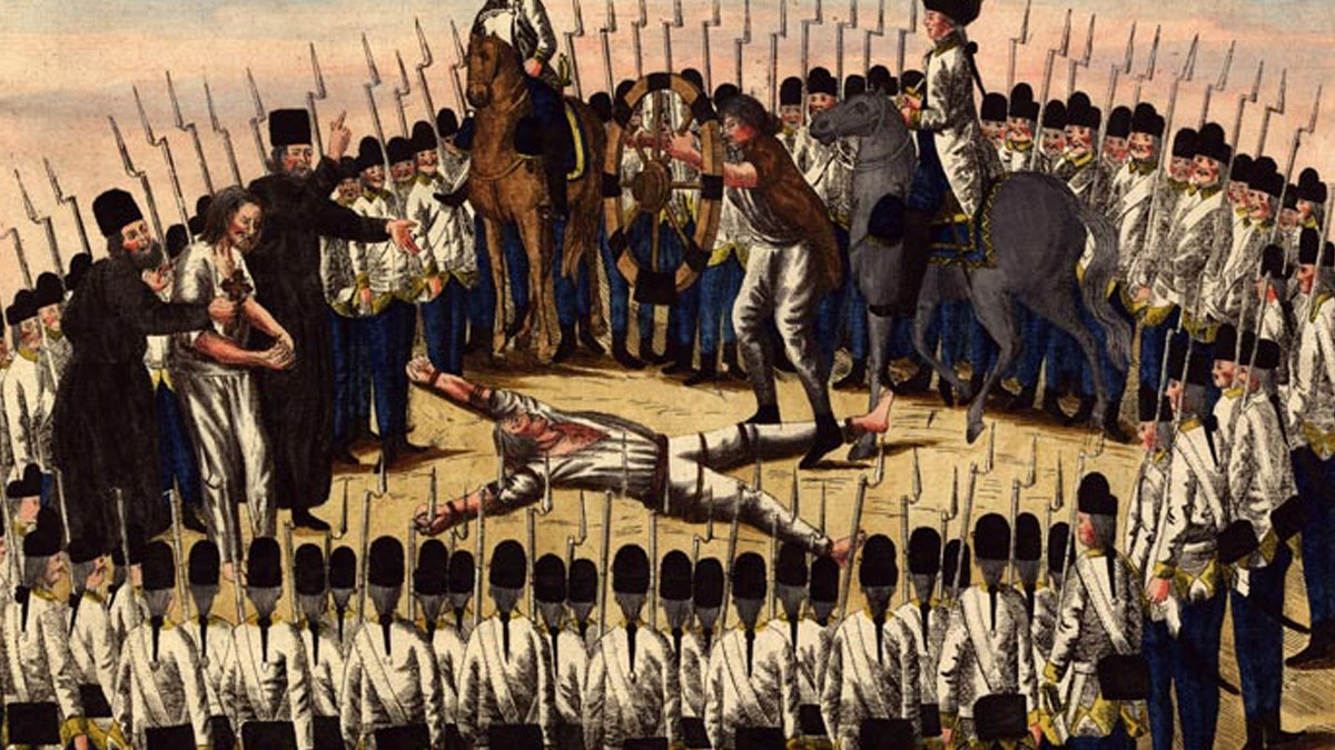 Medieval t*****e method depicted with a bound man, wheel device, and soldiers surrounding the scene in historical setting.