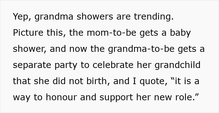 Alt text: People have strong opinions on grandmas having baby showers to celebrate their new grandmother status and role. Alt text: People have strong opinions on grandmas having baby showers to celebrate their new grandmother status and role.
