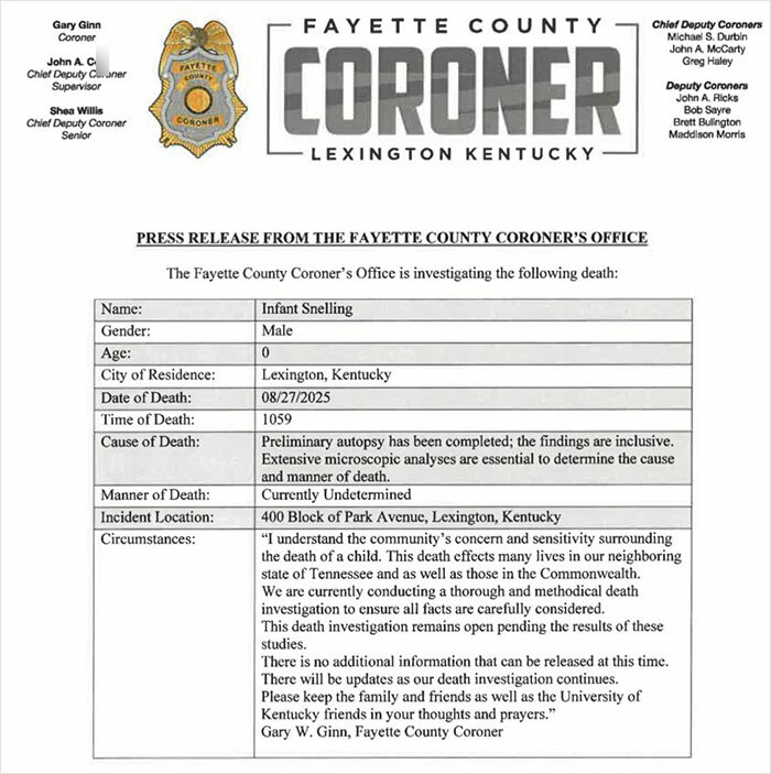 Autopsy findings revealed for newborn male found in cheerleader's closet, Fayette County coroner's preliminary report. Autopsy findings revealed for newborn male found in cheerleader's closet, Fayette County coroner's preliminary report.