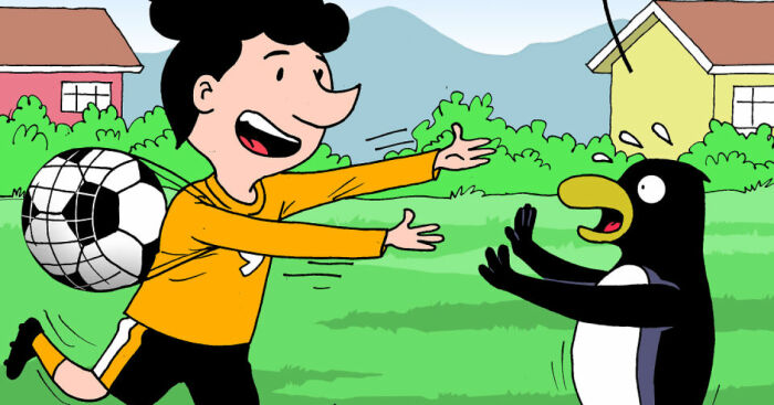 Boy in an orange shirt playing soccer with a penguin outdoors in a cartoon scene from The Adventures Of Wences.