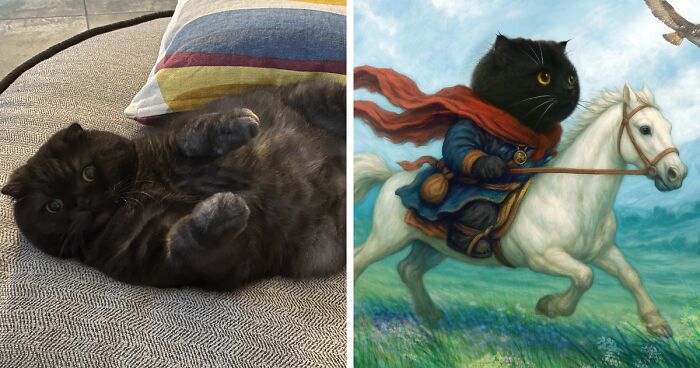 Tiny-eared black cat lying on couch next to an illustration of the cat as an adorable ancient hero riding a white horse.