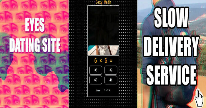 Collage of unusual startup ideas including eyes dating site, math quiz app, and slow delivery service concepts.