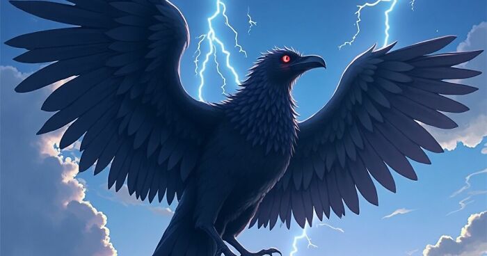 Dark majestic bird with red eyes spreading wings against stormy sky with lightning, drawing something or someone.