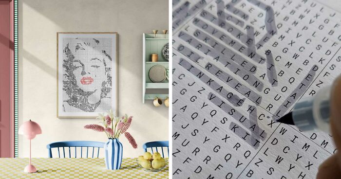 Pop-art portrait created from a word search puzzle displayed in a modern home dining area with colorful decor.