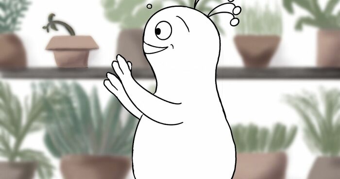 Animated white character smiling and reaching out with hands in a warm setting, illustrating waiting as a way of caring.