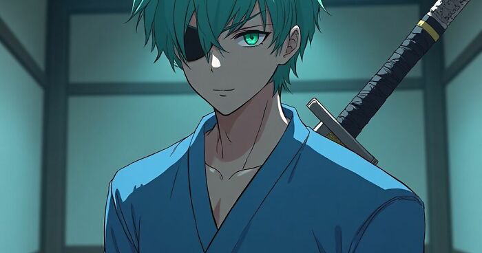 Anime character with teal hair and an eyepatch, dressed in blue, holding a sword in a dimly lit room.