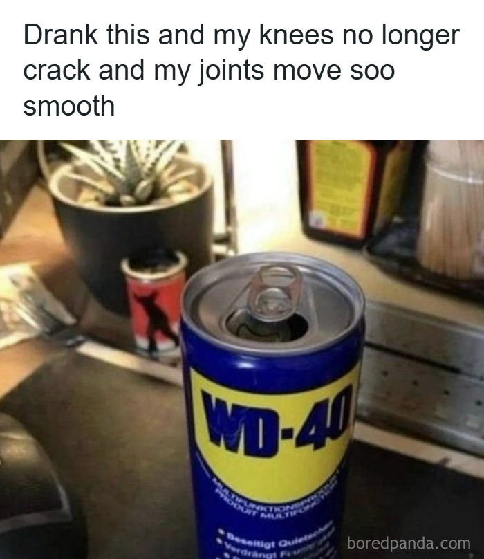 Can of WD-40 humor meme about men humor coping with joint pain instead of going to therapy.