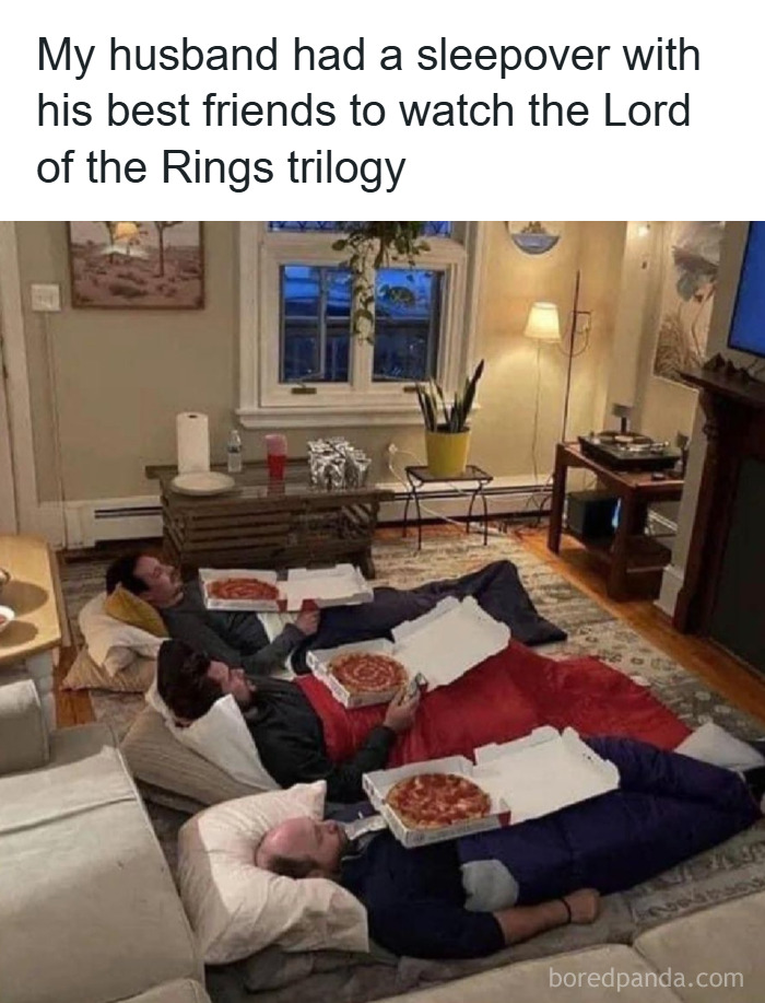 Three men having a sleepover, lying on the floor with pizzas, showcasing men humor memes and coping with therapy.