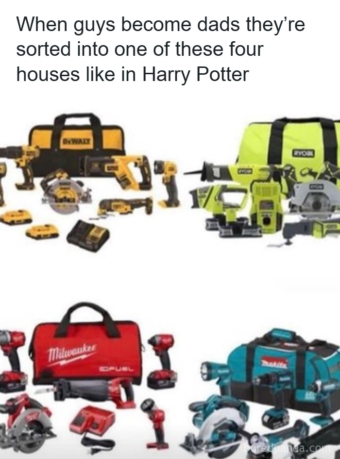 Various branded power tool sets arranged in groups, illustrating men humor memes about dads and coping mechanisms.