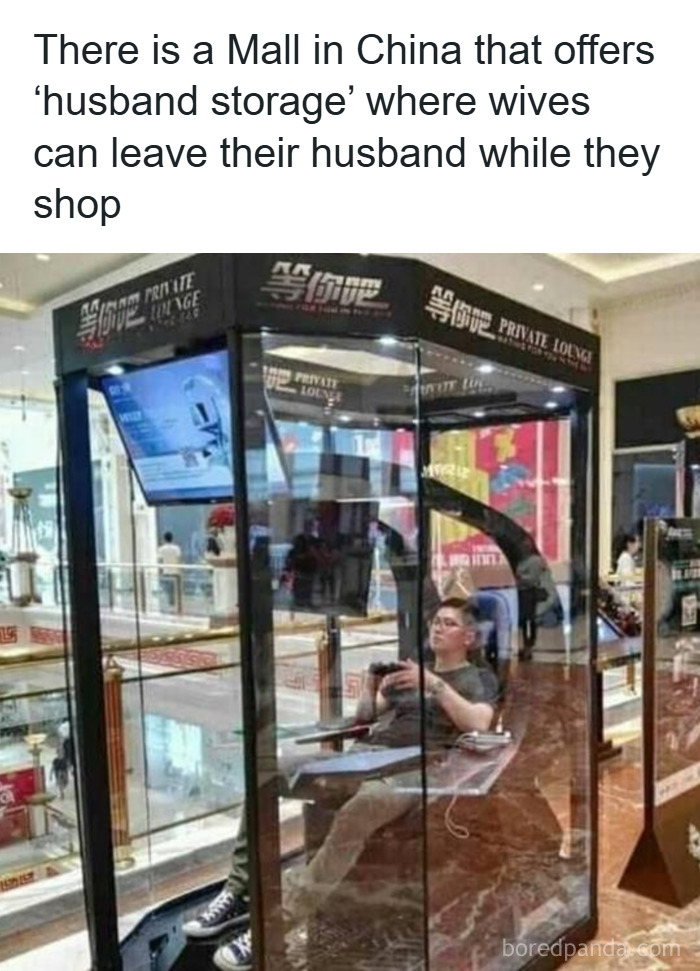 Man sitting in a private lounge called husband storage in a mall, illustrating men humor coping with shopping trips.