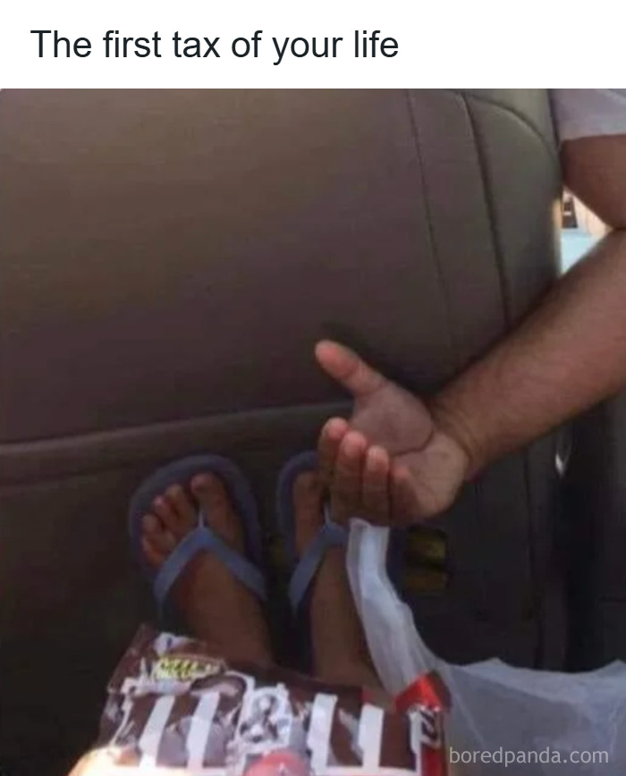 Man humor meme showing a hand asking for money with feet in flip-flops and a candy bar in the car seat.