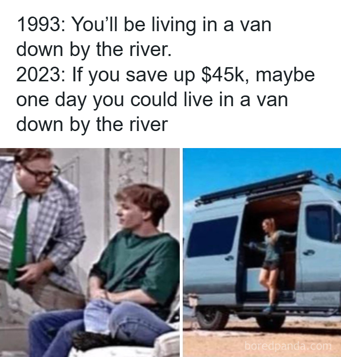 Comparison meme showing 1993 prediction of living in a van by the river versus 2023 reality highlighting men humor memes.