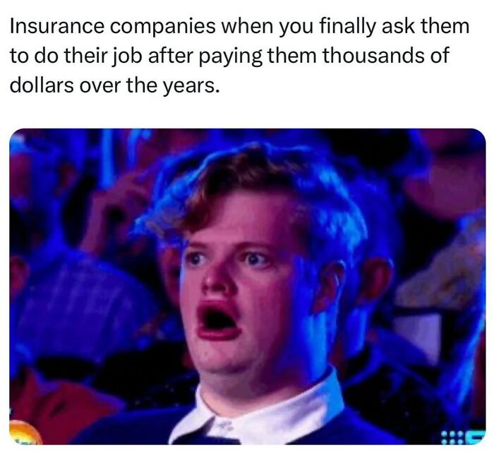 Man with shocked expression in a crowd, illustrating men humor memes about coping with frustrations instead of therapy.