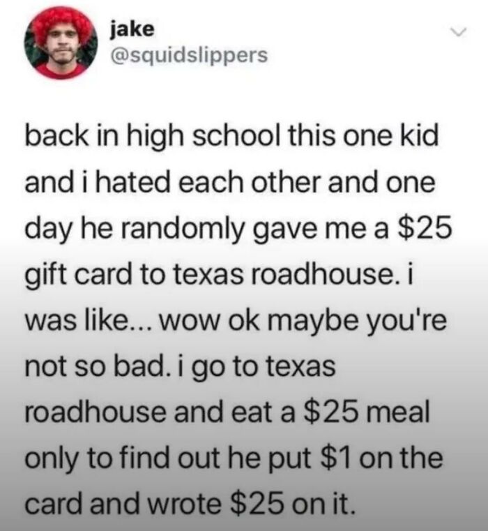 Social media post sharing a funny story about a $25 Texas Roadhouse gift card prank as men humor meme.
