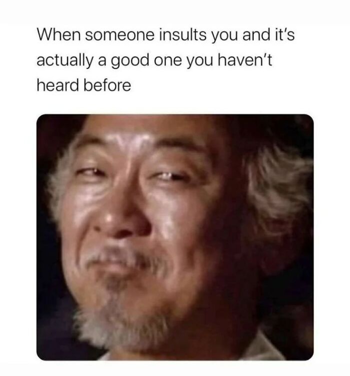 Meme showing a man smirking with text about men humor and coping with insults in a humorous way.