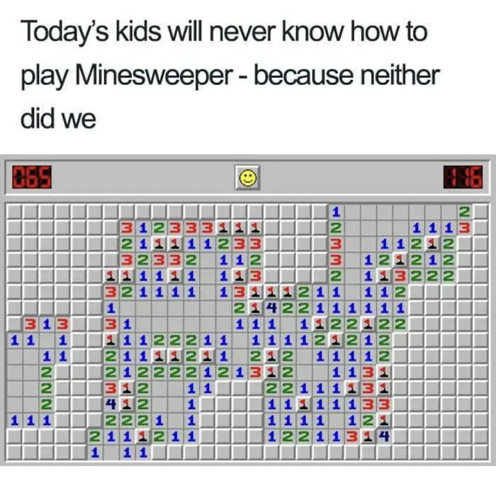 Classic Minesweeper game screenshot with text about kids not knowing how to play, highlighting men humor memes.