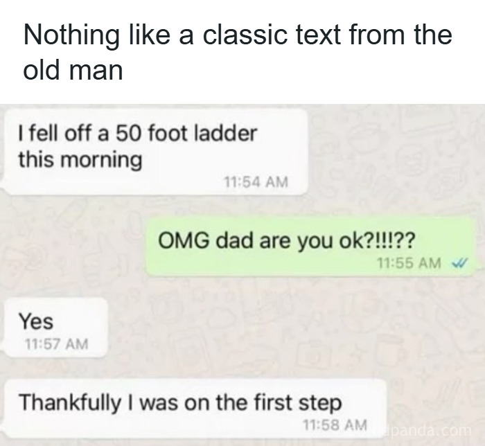 Text meme showing a humorous message exchange illustrating men humor with a dad joking about falling off a ladder.