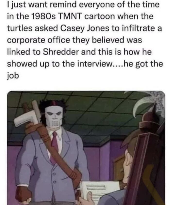 Cartoon character Casey Jones in a suit bringing humor from 1980s TMNT in a funny men humor meme about coping.