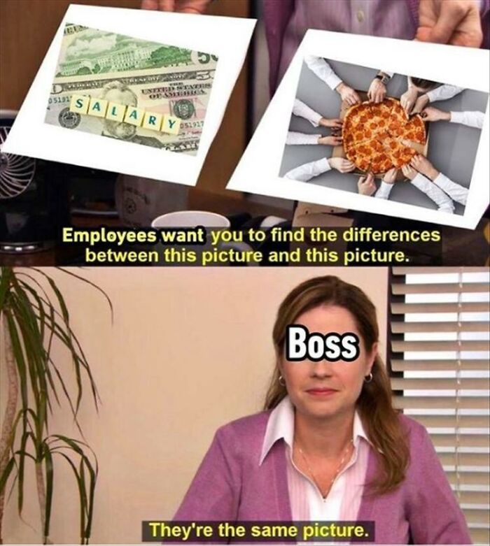 Humorous meme showing a boss comparing salary and pizza images, highlighting men humor and coping through memes.