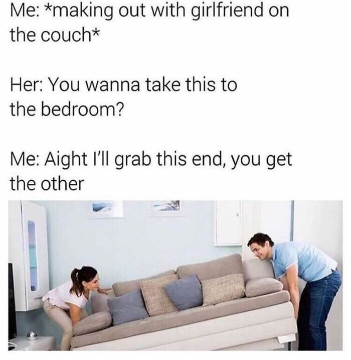 Couple lifting a couch together humorously captioned with men humor meme about avoiding therapy through humor.