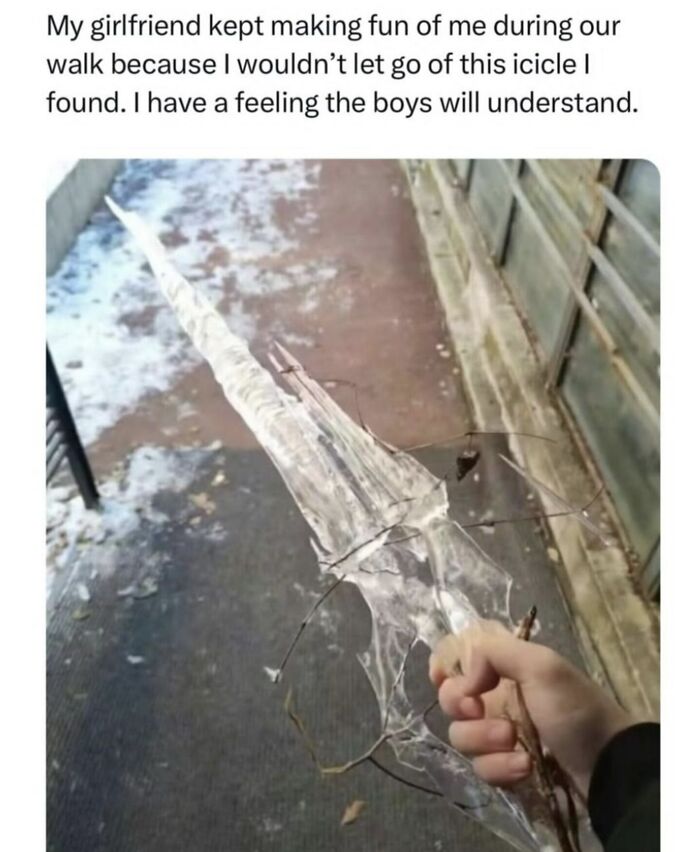 Man holding a long icicle shaped like a sword, featuring men humor meme about coping instead of therapy.