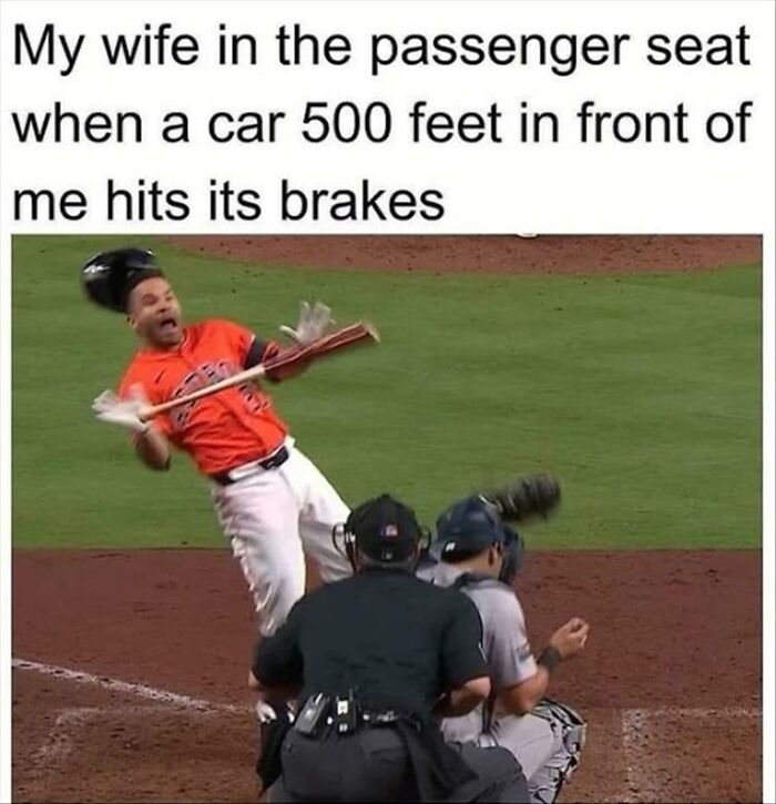 Man in a baseball uniform falling back dramatically, illustrating men humor meme about reaction to sudden braking while driving.