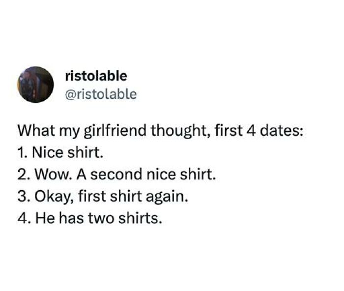 Tweet humor about men's clothing habits during early dates, illustrating men humor memes for coping instead of therapy.