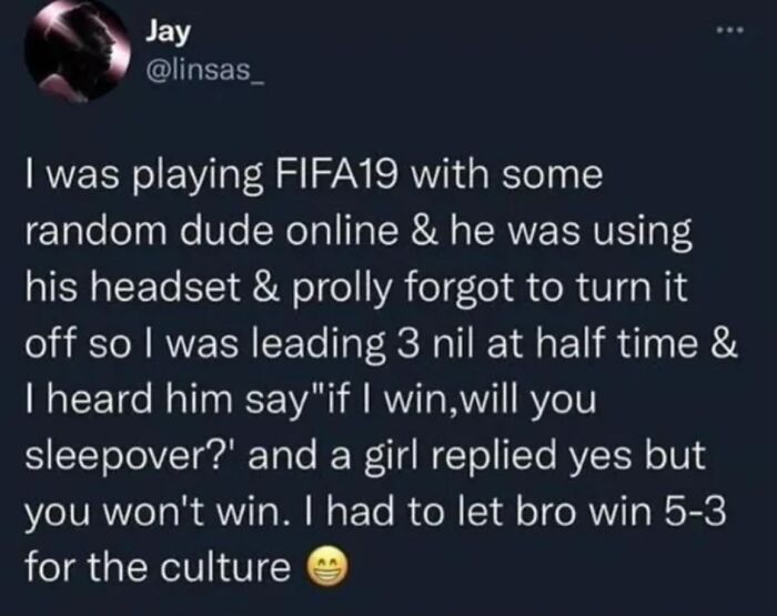 Tweet about playing FIFA19 online, using men humor memes as a way to cope without therapy, with a funny gameplay story.