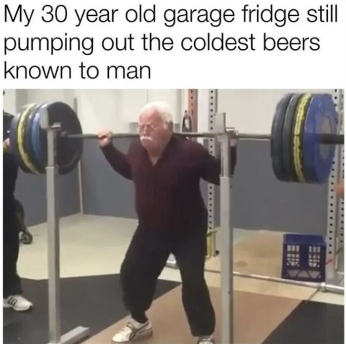 Older man lifting heavy weights in a gym, captioned with a humorous take on men humor and coping memes.