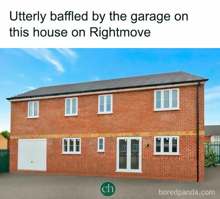 Two-story brick house with unusual garage door on the side, featured in funny British jokes and memes about rent prices.