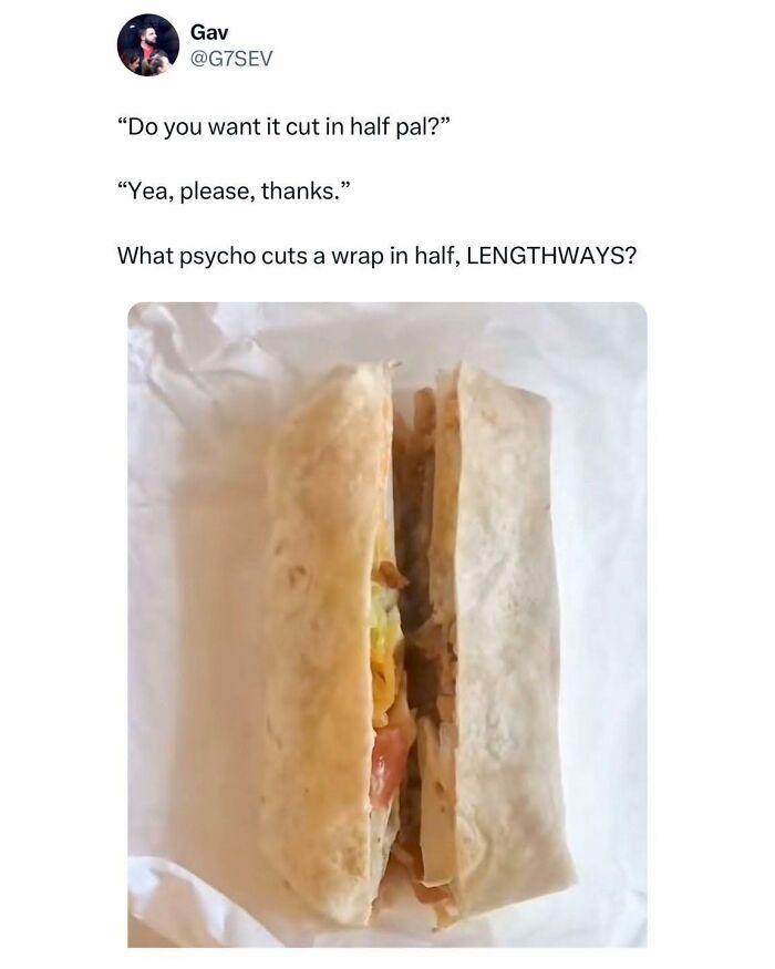 British joke meme showing a wrap cut lengthways instead of across, highlighting funny British jokes and memes.