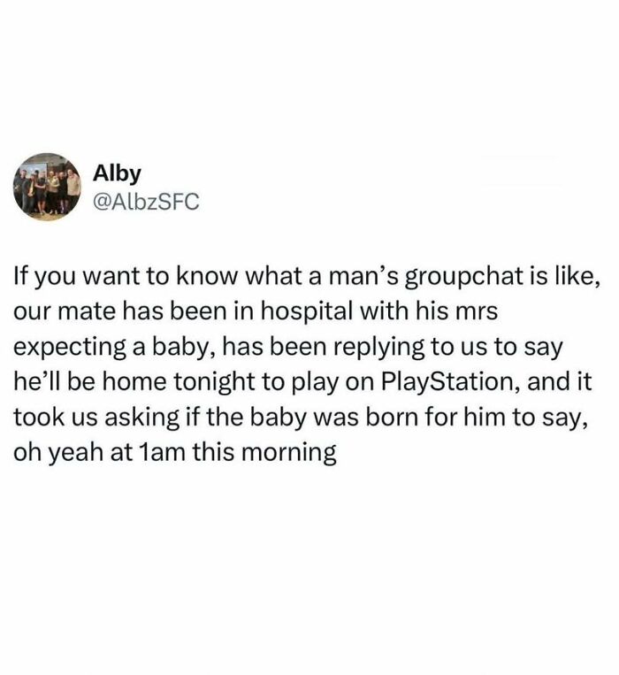 Screenshot of a British joke about a man's groupchat and his casual response to his baby being born.