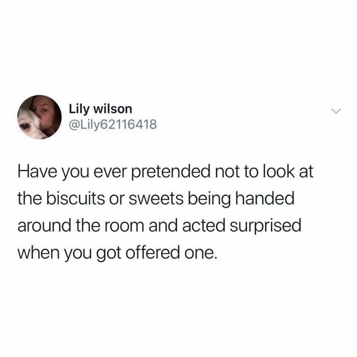 Tweet about pretending not to look at sweets being shared, capturing humor in British jokes and memes culture.