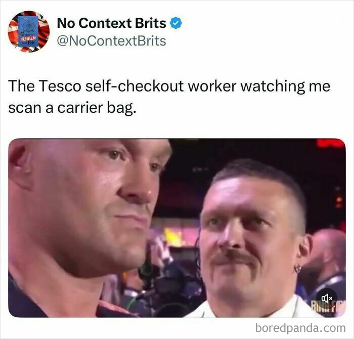 Two men face each other with serious expressions, illustrating a funny British joke about Tesco self-checkout workers.