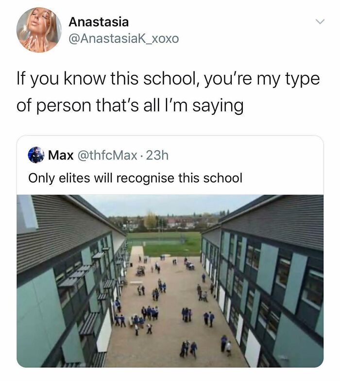 Twitter post about recognizing a British school with students outside, related to funny British jokes and memes.