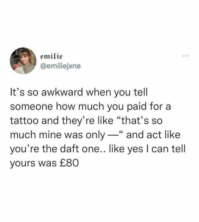 Screenshot of a funny British joke about awkward tattoo price comparisons in a social media post.