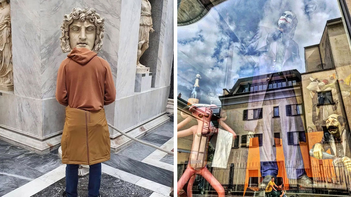 Person blending with stone statue head in a street photo and giant clown reflection in a city window showing funny coincidences.