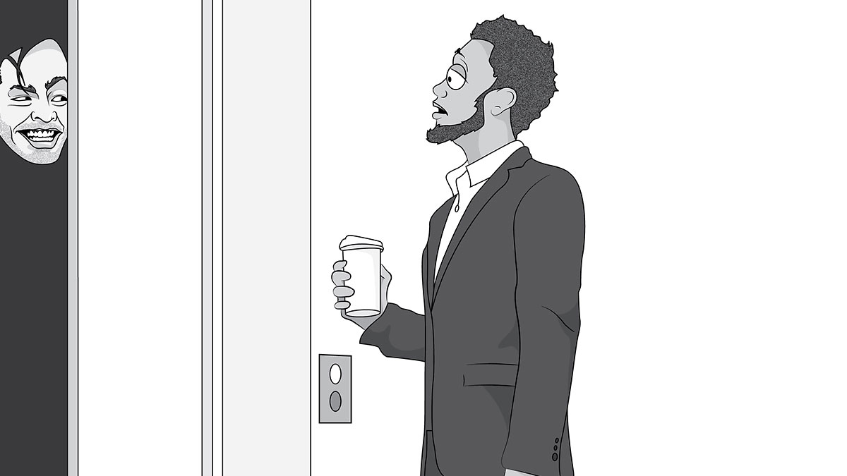 Cartoon of a man in a suit holding coffee, startled by a creepy face peeking from an elevator door, showing weirdness of modern life.