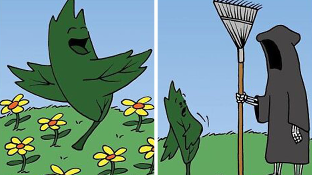 Comic panels showing a funny grim reaper character interacting with a scared leaf in a grassy outdoor setting.