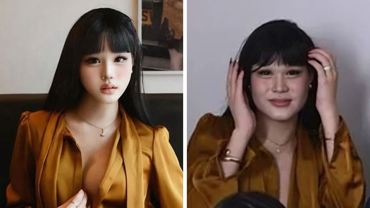 Side-by-side images of an influencer in a brown blouse showing a dramatic before and after transformation.
