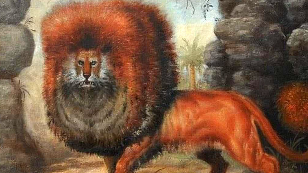 Medieval cats depicted in historic artwork resembling lions with exaggerated manes in a natural rocky setting.