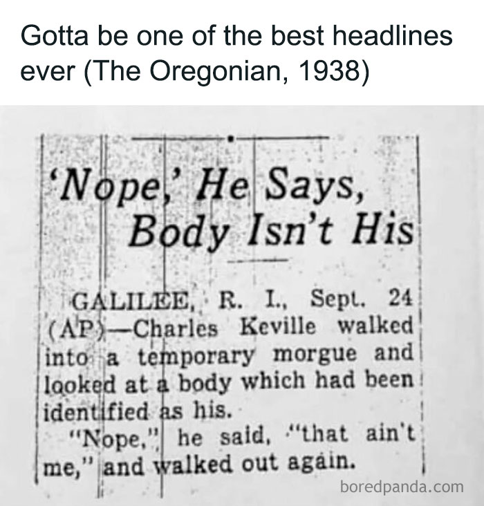 Vintage 1938 newspaper clipping with a funny headline about a man denying a body is his, challenging history knowledge.