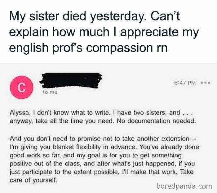 Screenshot of a compassionate email from an English professor offering flexibility, featured in relatable funny memes.