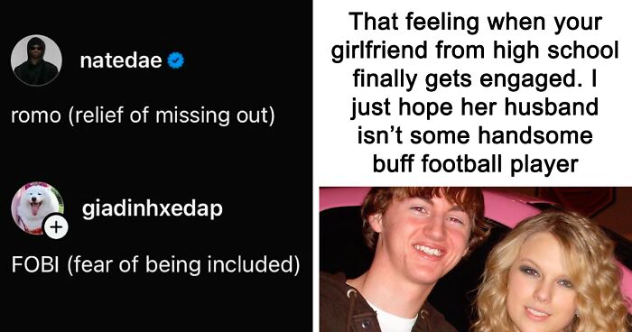 Relatable meme contrasting FOMO and FOBI with a humorous caption about high school girlfriend engagement.