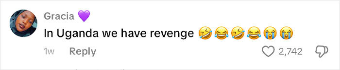 Social media comment from Gracia with purple heart emoji, humorously mentioning revenge in Uganda with laughing emojis, related to African names. Social media comment from Gracia with purple heart emoji, humorously mentioning revenge in Uganda with laughing emojis, related to African names.